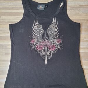 Harley-Davidson Womens XL Black Ribbed Tank Top‎ Winged Rose Sword Design